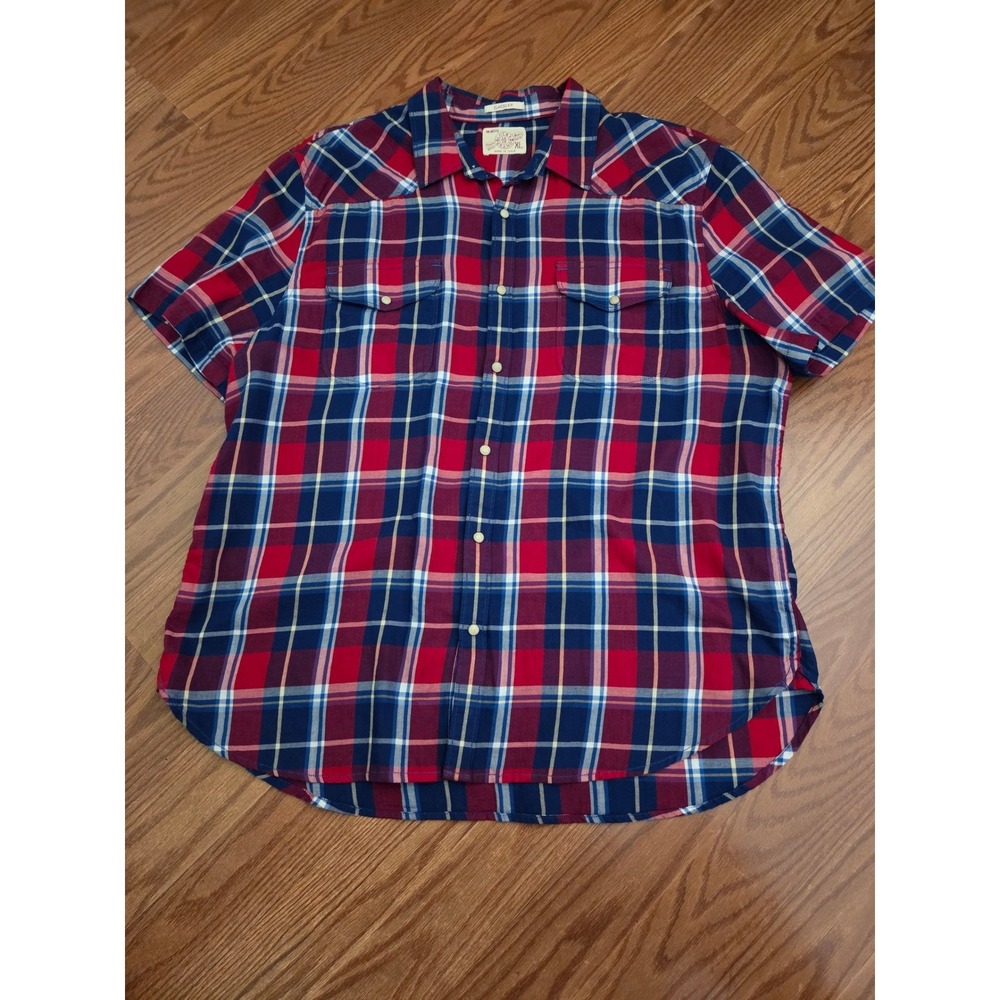 Lucky Brand Mens XL Short Sleeve Western Pearl Snap Plaid Shirt Red Navy Blue